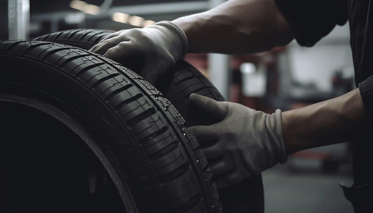 Mechanic inspecting a tire
